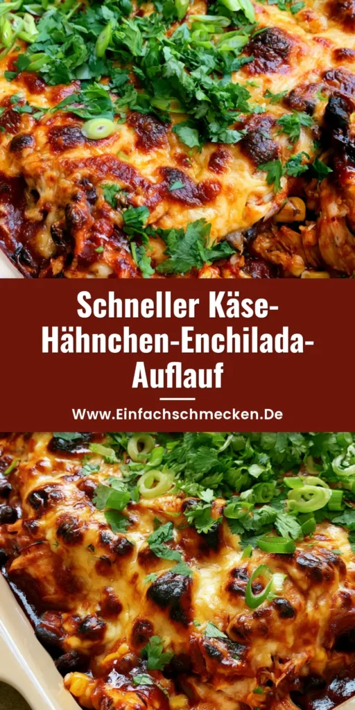 Draufsicht auf einen fertigen Hähnchen-Enchilada-Auflauf in einer Keramikform mit geschmolzenem Käse und frischem Koriander.