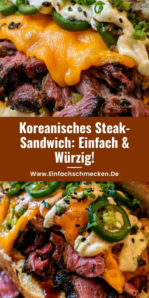 Nahaufnahme eines Koreanischen Steak-Sandwiches in einem Brioche Bun mit geschmolzenem Cheddar und Jalapeños.