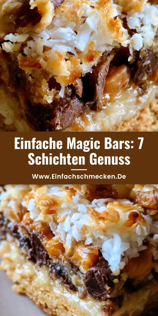 Nahaufnahme eines Seven Layer Bar Riegels mit dicker Kruste, Kondensmilch, Schokolade und gerösteten Kokosraspeln. (Seven Layer Bars Rezept)