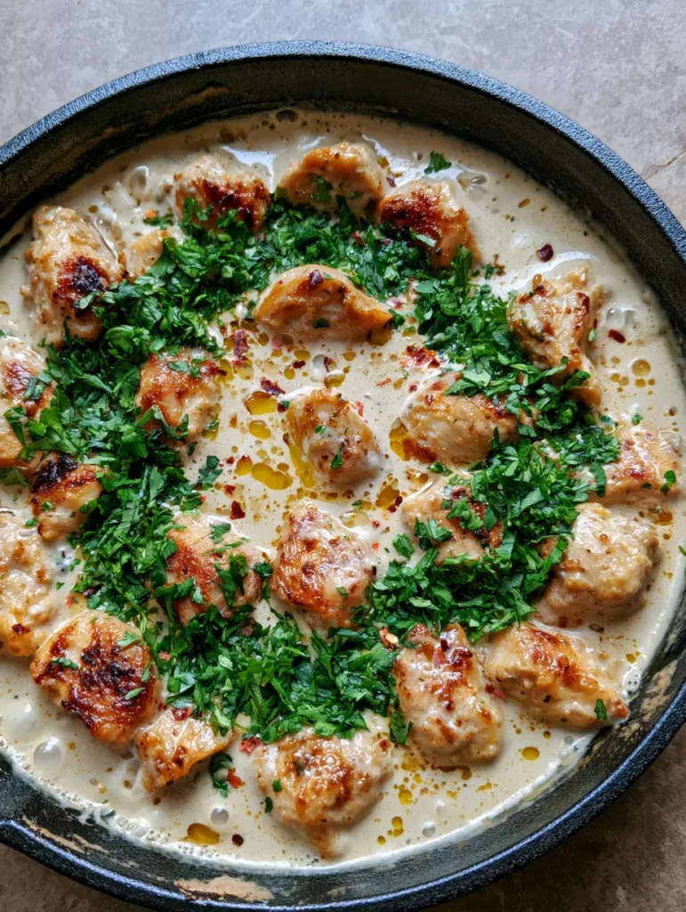 Nahaufnahme von cremigem Kokos-Hähnchen Rezept mit goldenen Öltröpfchen und frischem Koriander.