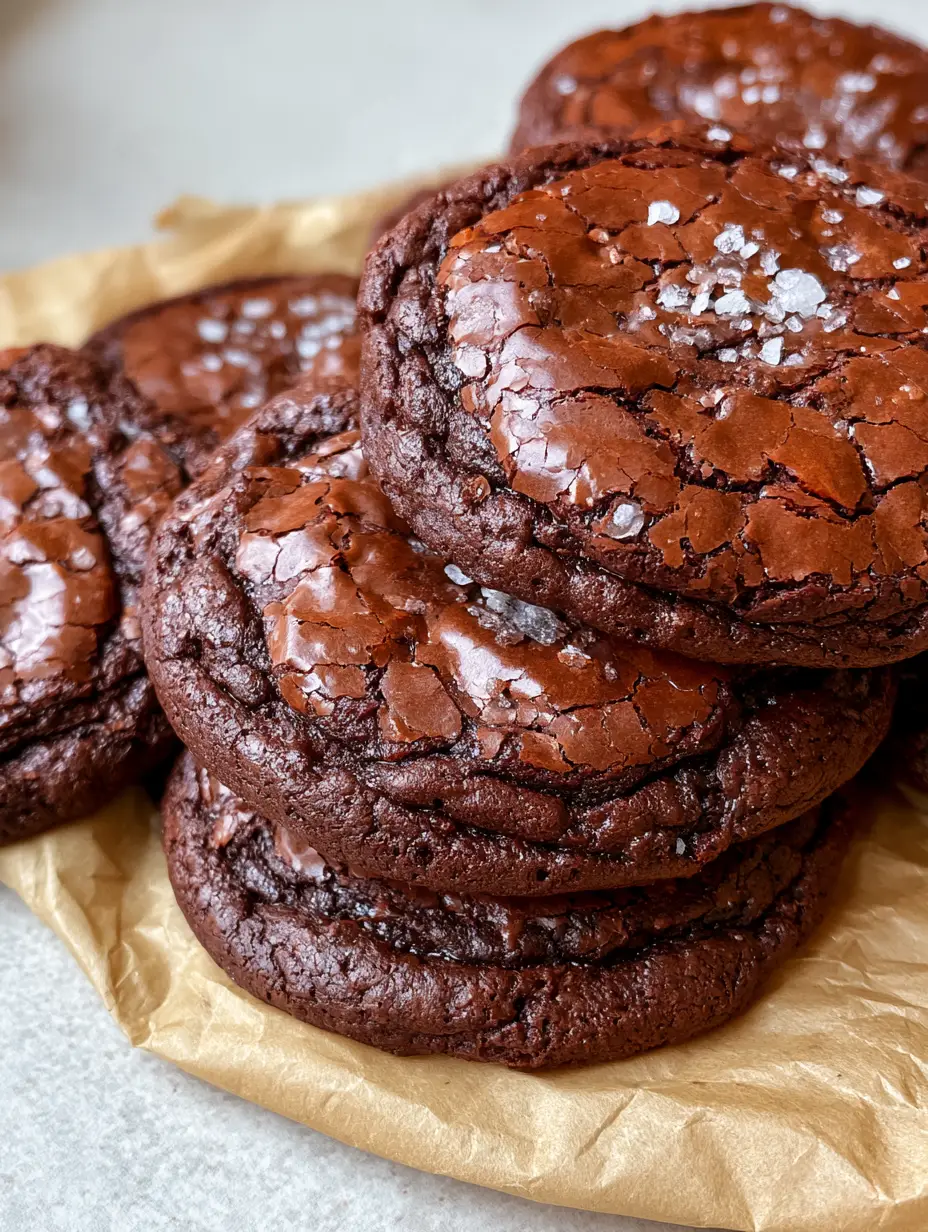 Stapel frisch gebackener dunkler Brownie Cookies mit Meersalzflocken auf braunem Pergamentpapier.