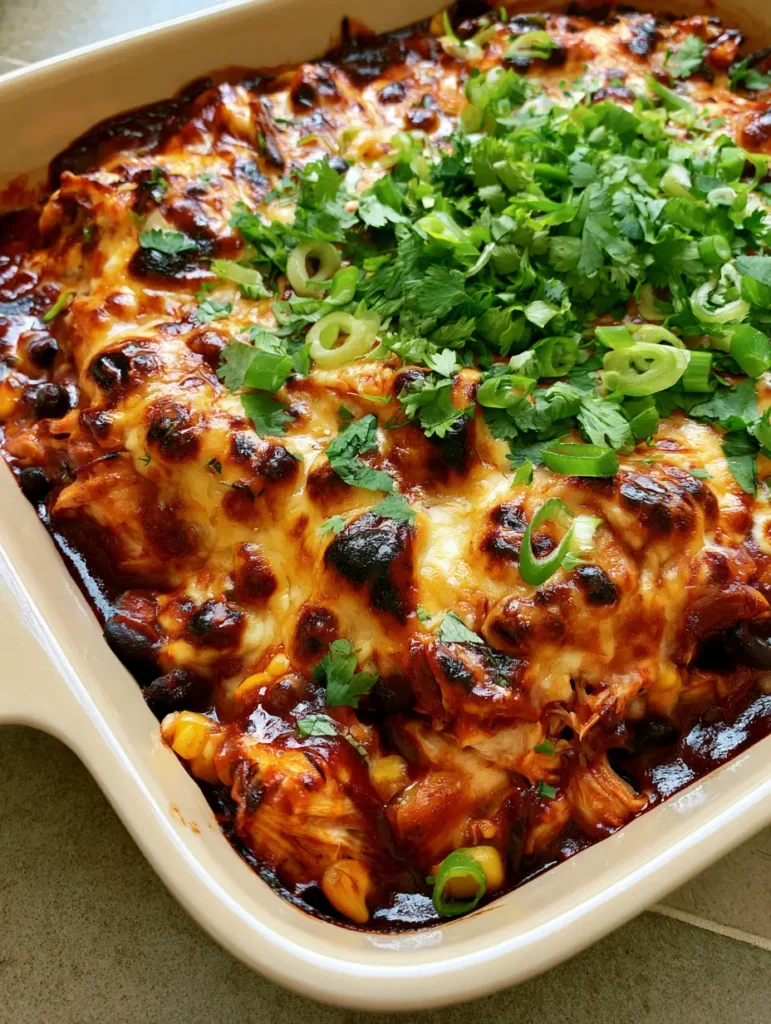 Nahaufnahme der goldbraunen Käsekruste auf einem Hähnchen-Enchilada-Auflauf mit schwarzen Bohnen und Mais.