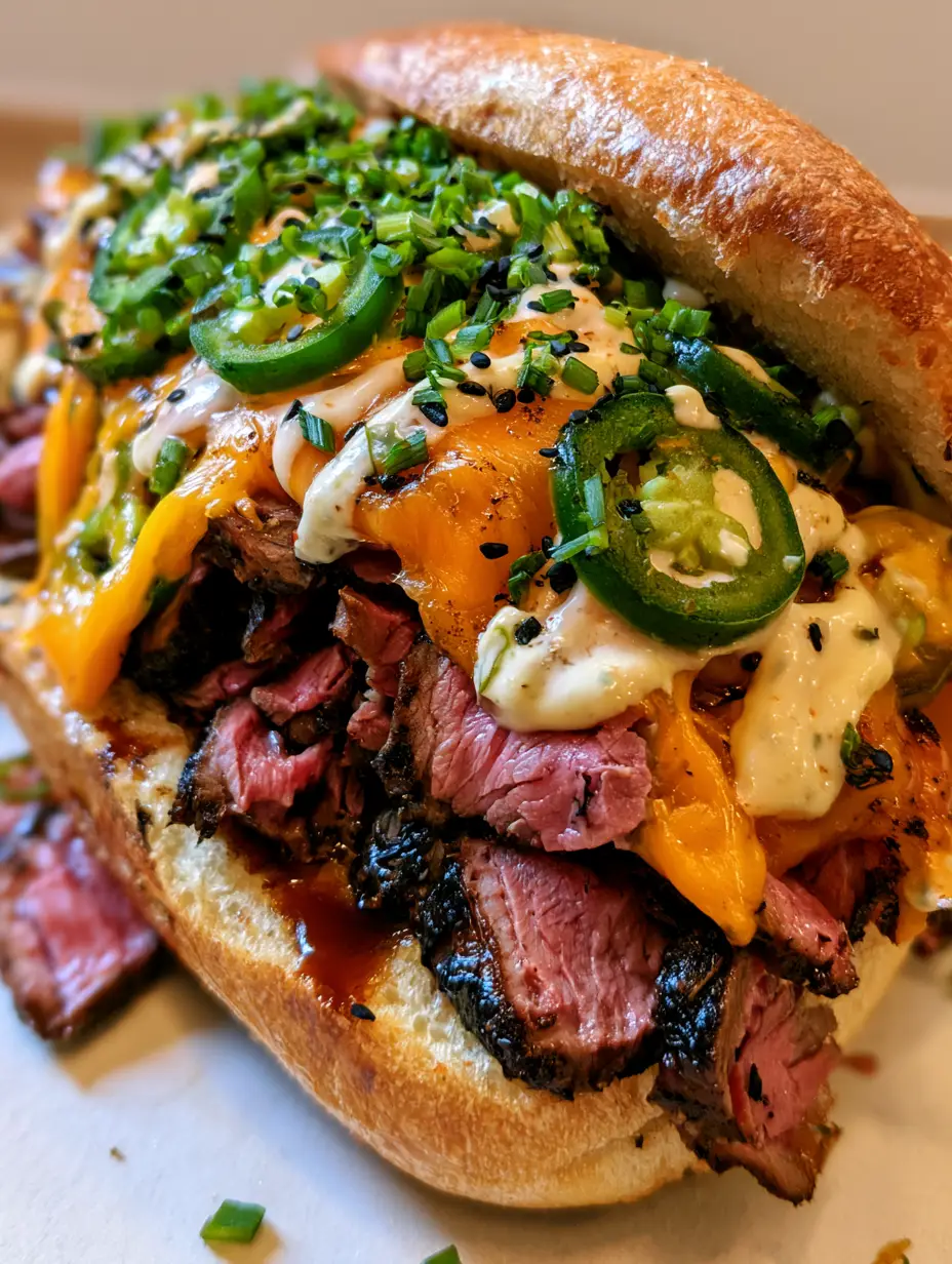 Ein saftiges Koreanisches Steak-Sandwich mit karamellisiertem Fleisch und cremiger Knoblauch-Mayo in der Hand gehalten.