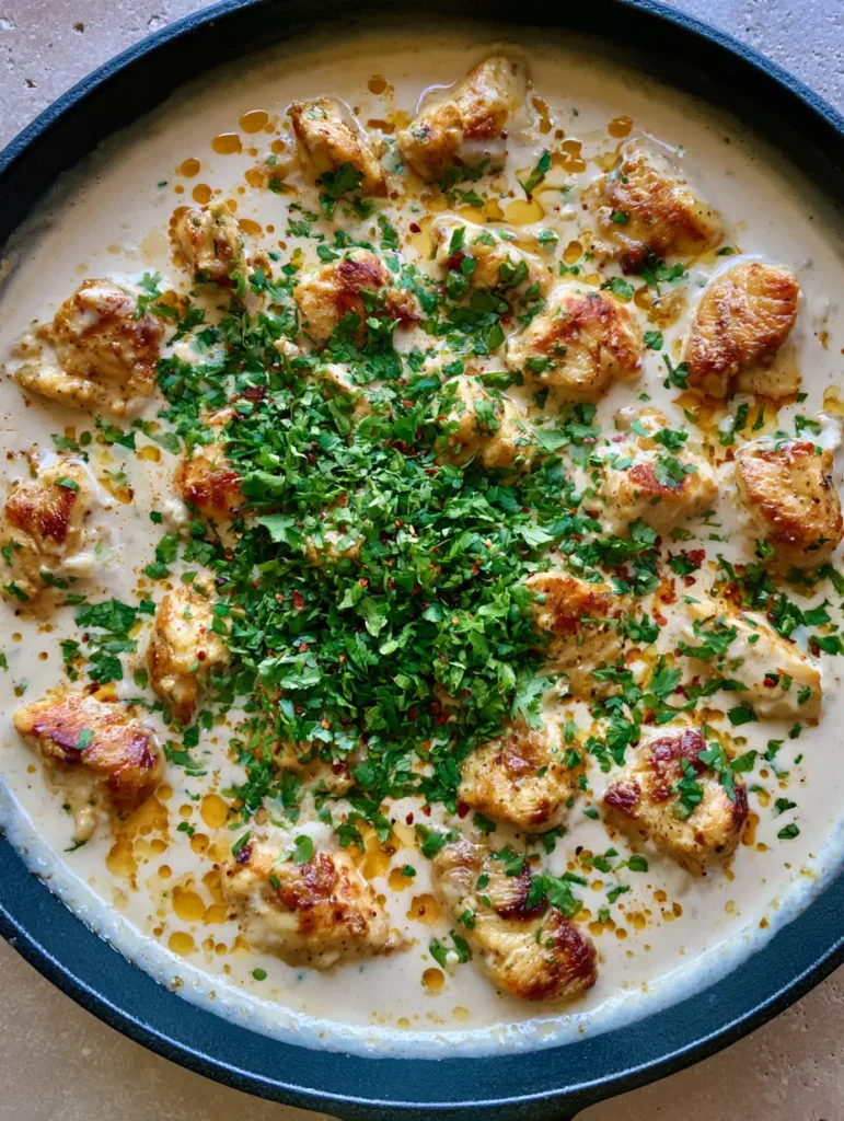 Servierbereites Kokos-Hähnchen Rezept in einer Pfanne auf einer Stein-Arbeitsplatte.
