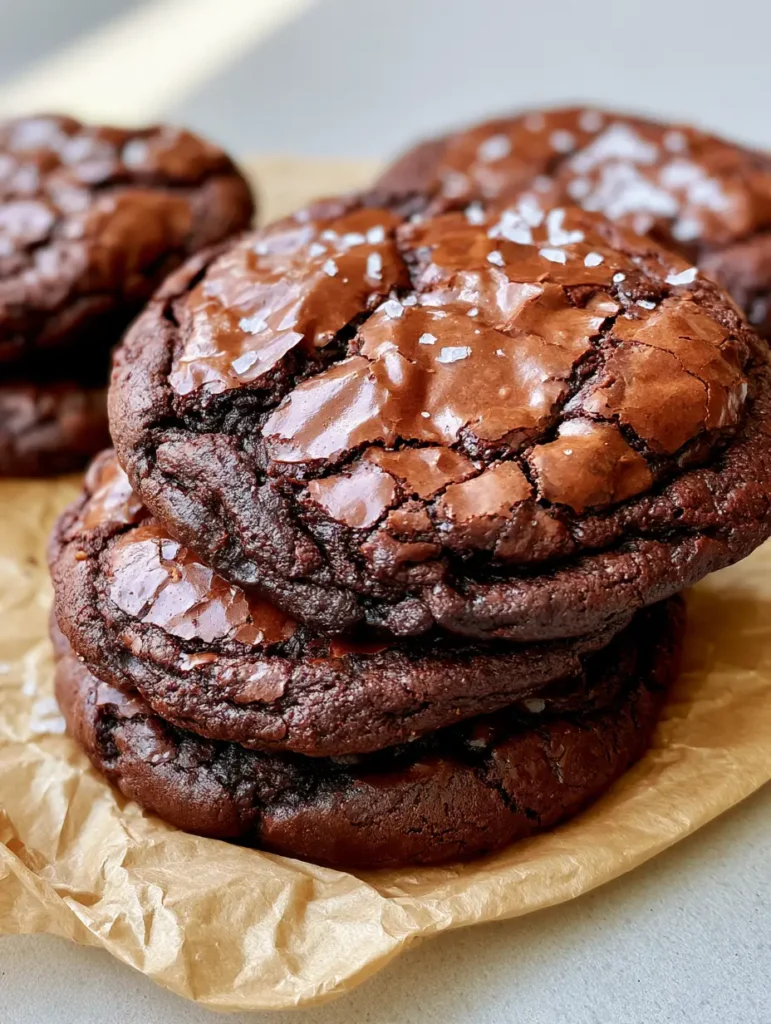 Dunkle Schokoladen-Cookies mit rissiger Oberfläche und weichem Kern auf neutralem Hintergrund.