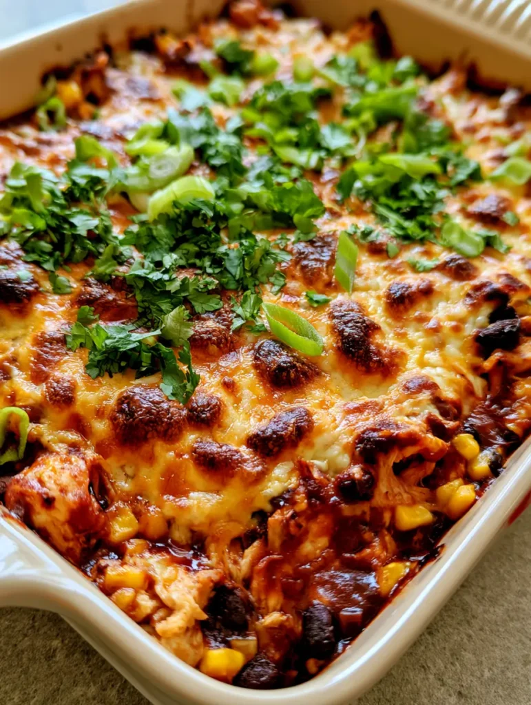 Servierfertiger Hähnchen-Enchilada-Auflauf garniert mit grünen Zwiebeln und Koriander in einer hellen Auflaufform.