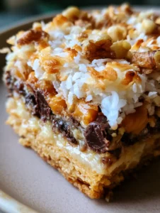 Seitenansicht eines Seven Layer Bars mit sichtbaren Schichten aus Butterkeksen, Kondensmilch und Schokolade. (Seven Layer Bars Rezept)