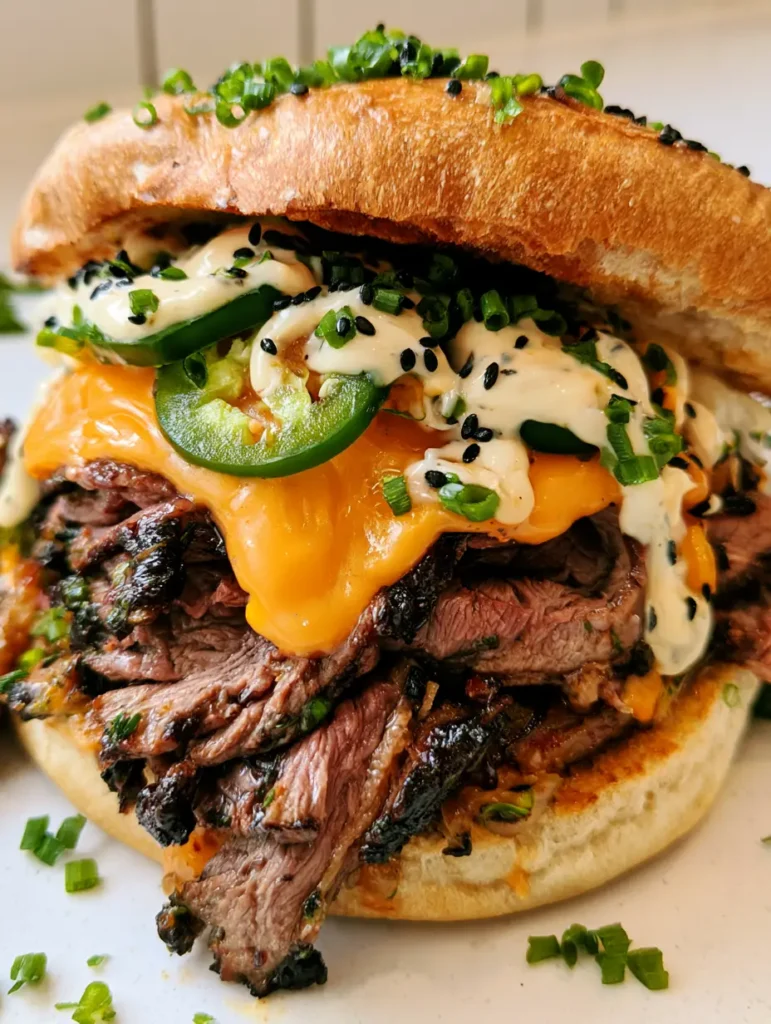 Zwei Koreanische Steak-Sandwiches servierfertig mit frischen Jalapeños und schwarzem Sesam auf einem Küchentisch.