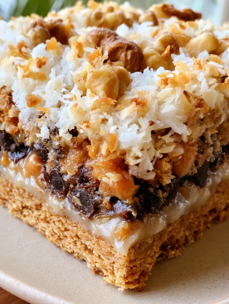Draufsicht auf die goldbraun gerösteten Kokosraspeln und Walnüsse des Seven Layer Bar Rezeptes.