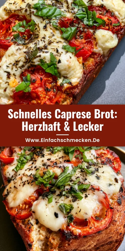 Nahaufnahme von oben auf ein frisch gebackenes Caprese Brot mit geschmolzenem Mozzarella, gerösteten Tomaten und Basilikum.