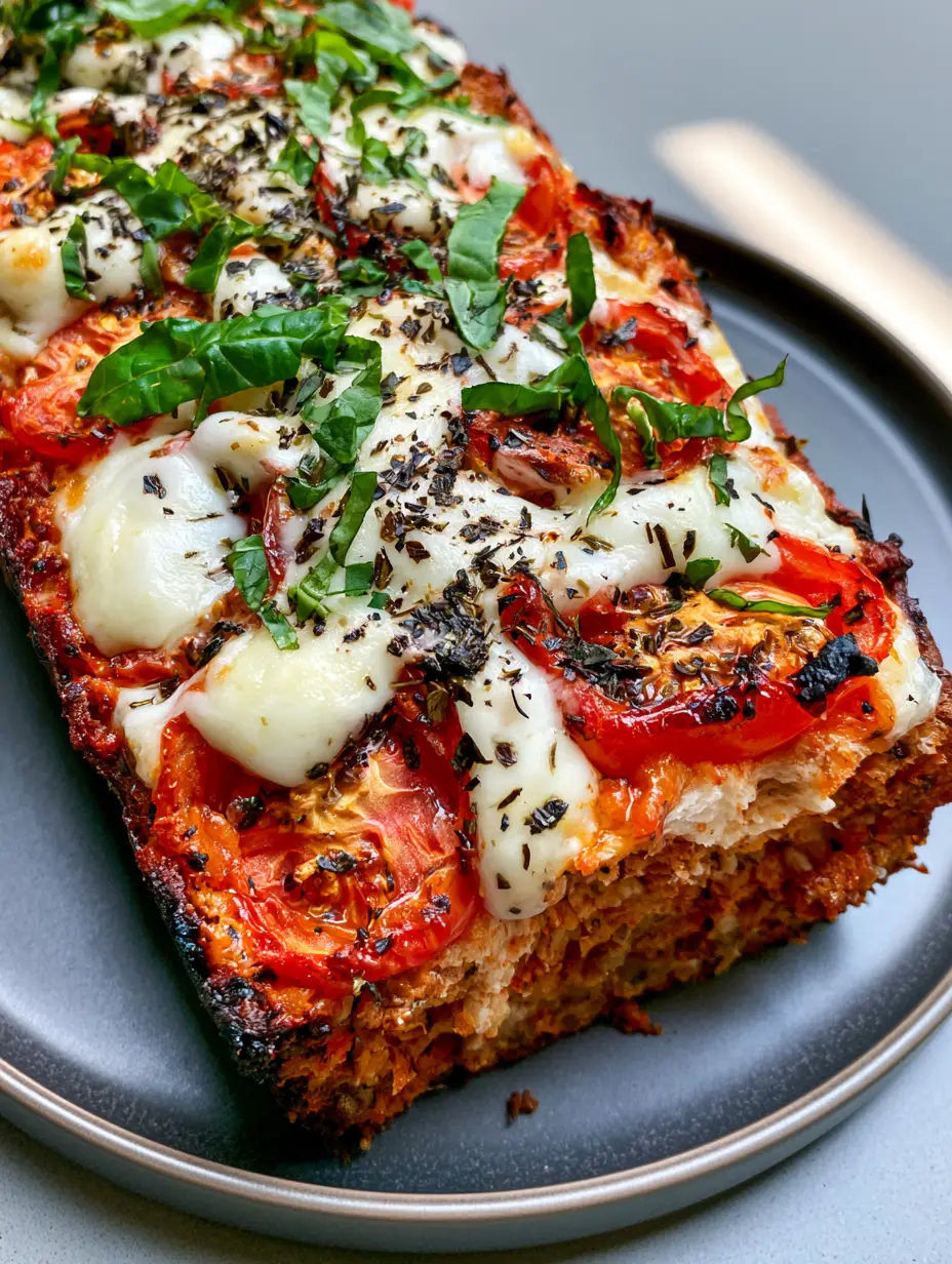 Saftiges Caprese Brot Ansicht von oben mit geschmolzenem Käse und Kräutern auf einem dunklen Teller.