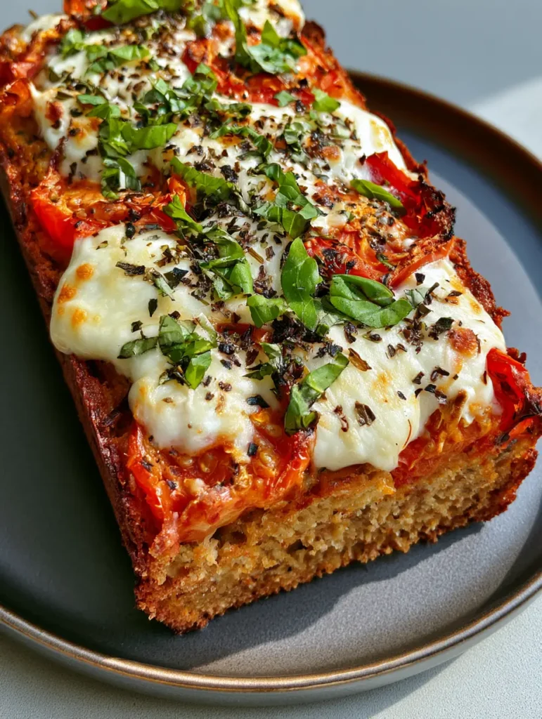 Detailaufnahme der Krume des Caprese Brots mit Tomatenscheiben und getrocknetem Oregano.