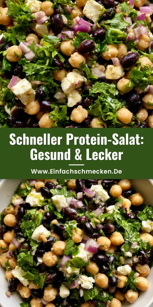 Kichererbsen-Schwarzbohnen-Salat: Das ultimative 10-Minuten-Rezept 4 Draufsicht auf einen bunten Kichererbsen-Schwarzbohnen-Salat in einer weißen Schüssel mit Feta und Koriander.