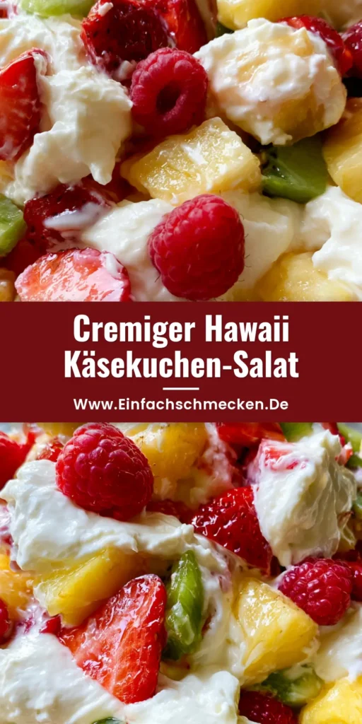 Hawaii-Käsekuchen-Salat: Das ultimative tropische Dessert-Rezept 4 Ein bunter Hawaii-Käsekuchen-Salat mit Ananas, Erdbeeren und Kiwi in einer Glasschüssel auf Holzgrund.
