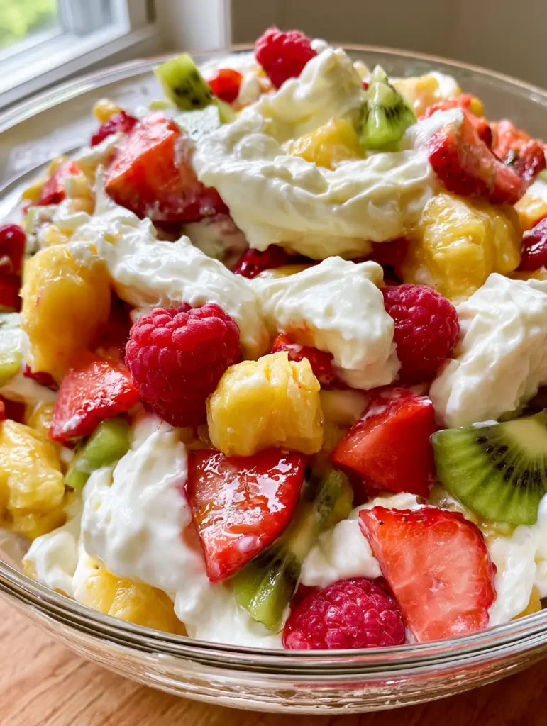 Hawaii-Käsekuchen-Salat: Das ultimative tropische Dessert-Rezept 2 Nahaufnahme eines cremigen Hawaii-Käsekuchen-Salats mit frischen Himbeeren und Ananasstücken.