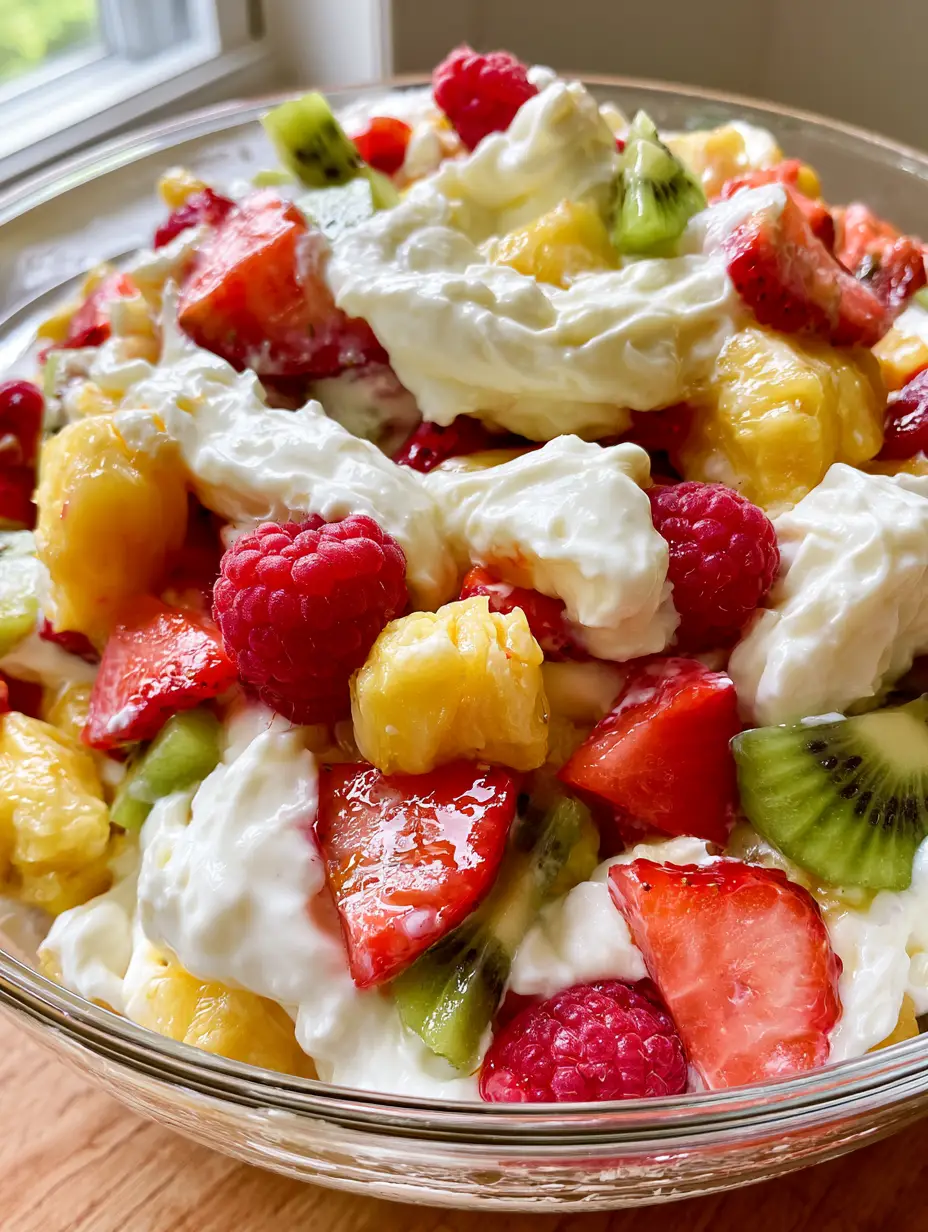 Hawaii-Käsekuchen-Salat: Das ultimative tropische Dessert-Rezept 3 Nahaufnahme eines cremigen Hawaii-Käsekuchen-Salats mit frischen Himbeeren und Ananasstücken.