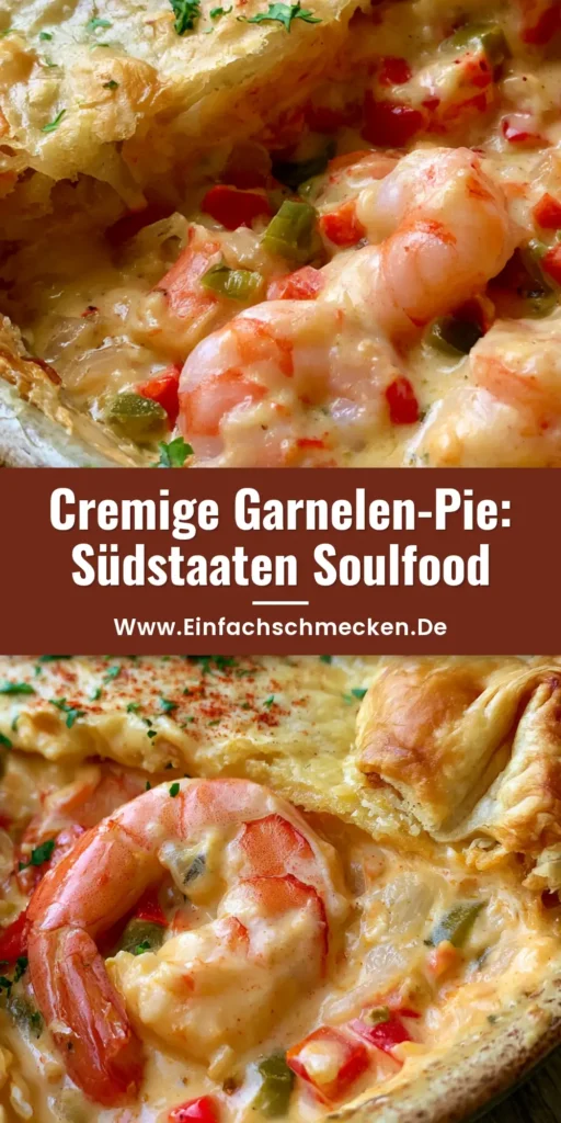 Draufsicht auf eine Herzhafte Garnelen-Pie in einer rustikalen Keramikform mit goldbrauner Kruste und frischer Petersilie.