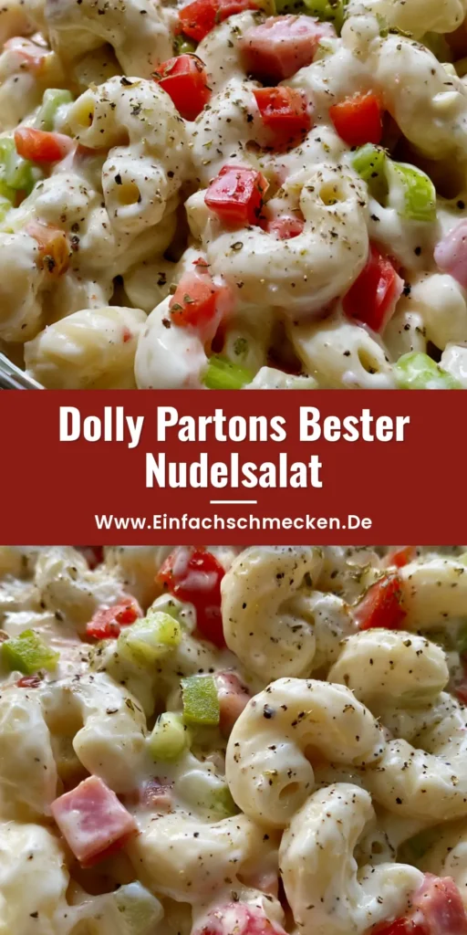 Cremiger Nudelsalat: Das ultimative Rezept für deine nächste Party 4 Cremiger Nudelsalat in einer Glasschüssel mit Paprika, Schinken und schwarzem Pfeffer.