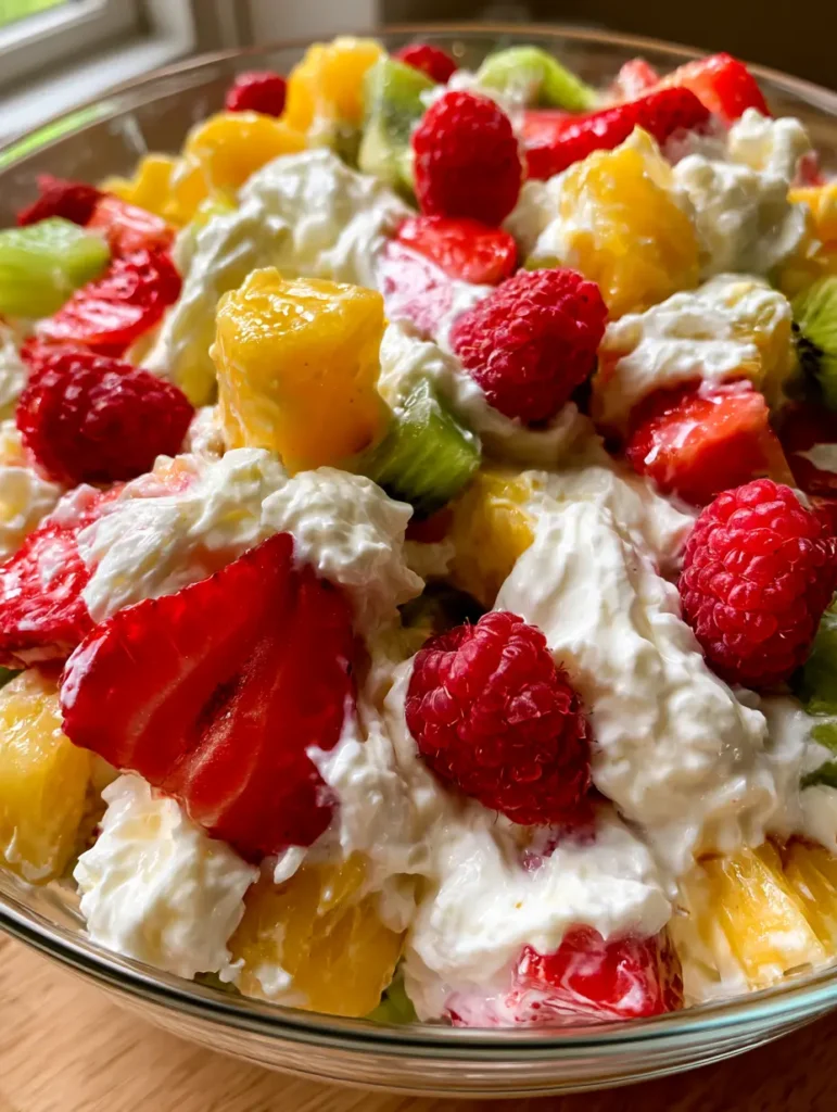 Hawaii-Käsekuchen-Salat: Das ultimative tropische Dessert-Rezept 1 Draufsicht auf einen Hawaii-Käsekuchen-Salat mit Kiwi, Erdbeeren und cremiger Textur.