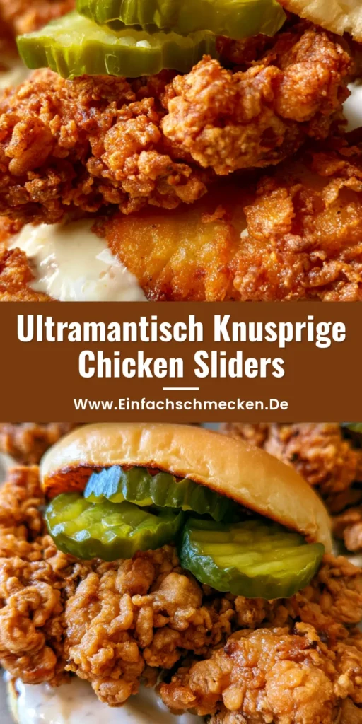 Drei knusprige Fried Chicken Sliders in Brioche Buns mit cremiger Mayonnaise und Essiggurken auf einer Küchenarbeitsplatte.