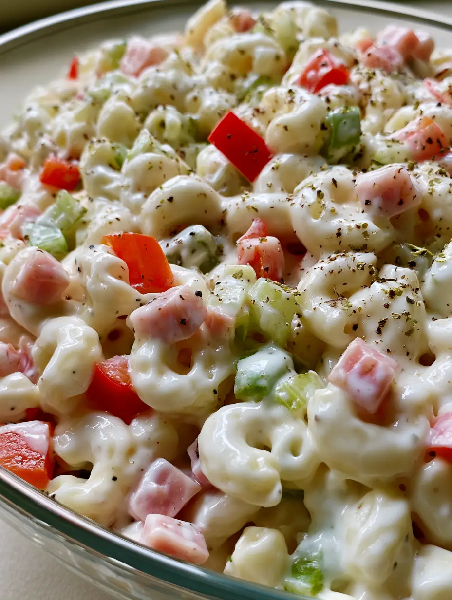 Cremiger Nudelsalat: Das ultimative Rezept für deine nächste Party 3 Nahaufnahme von cremigen Hörnchennudeln mit roter und grüner Paprika.