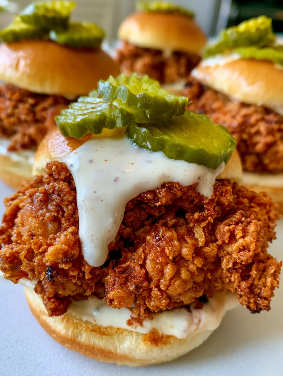 Nahaufnahme von Fried Chicken Sliders mit extrem knuspriger Panade und Mayonnaise-Sauce.