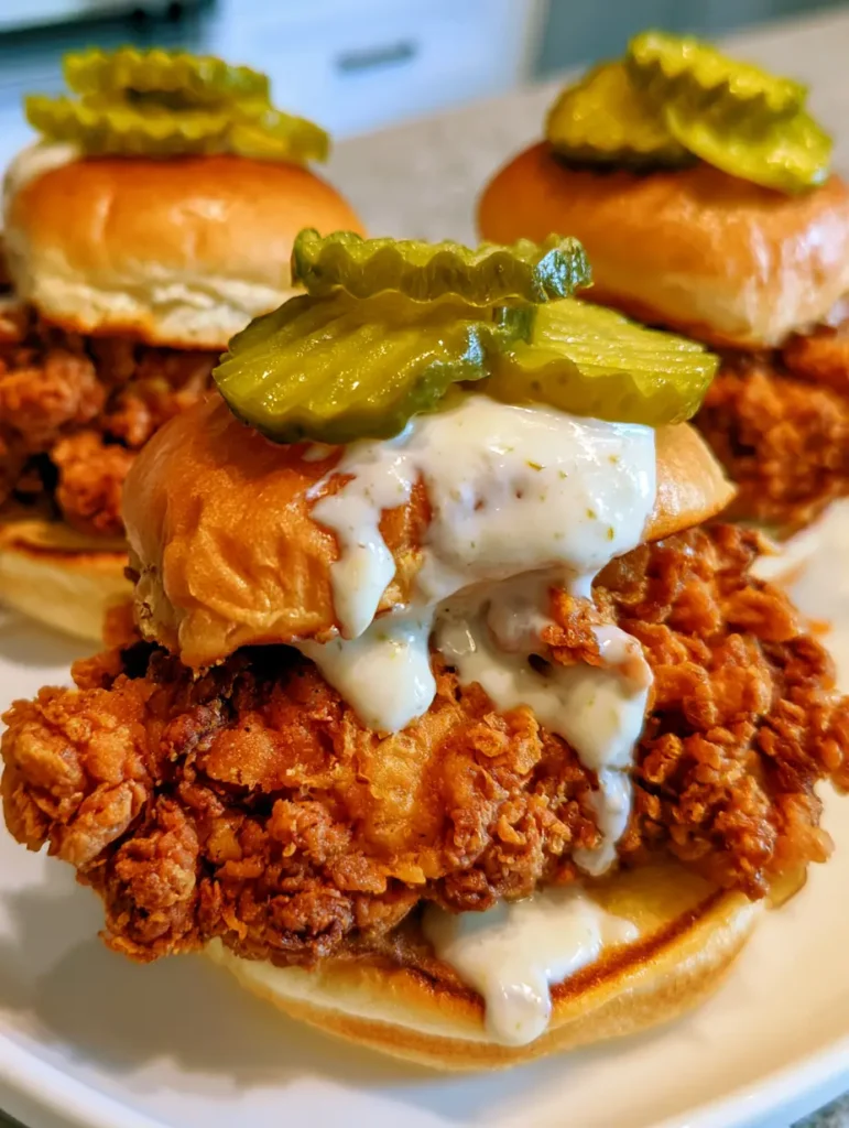 Drei saftige Mini-Hähnchenburger mit goldbrauner Kruste und Gewürzgurken.