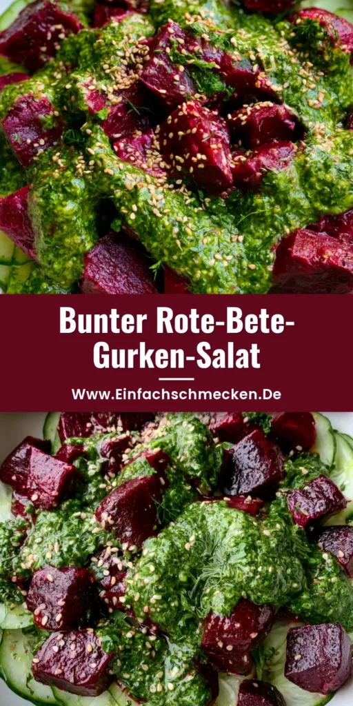 Rote Bete Gurken Salat mit gerösteten Würfeln und Kräuter-Dressing 4 Draufsicht auf einen Rote Bete Gurken Salat in einer weißen Schüssel mit lila Würfeln, grünen Gurkenscheiben und Kräuterdressing.
