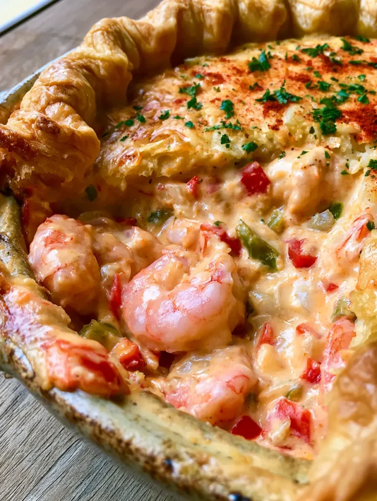 Nahaufnahme einer angeschnittenen Herzhaften Garnelen-Pie mit sichtbarer cremiger Käsesauce, Garnelen und Paprika.