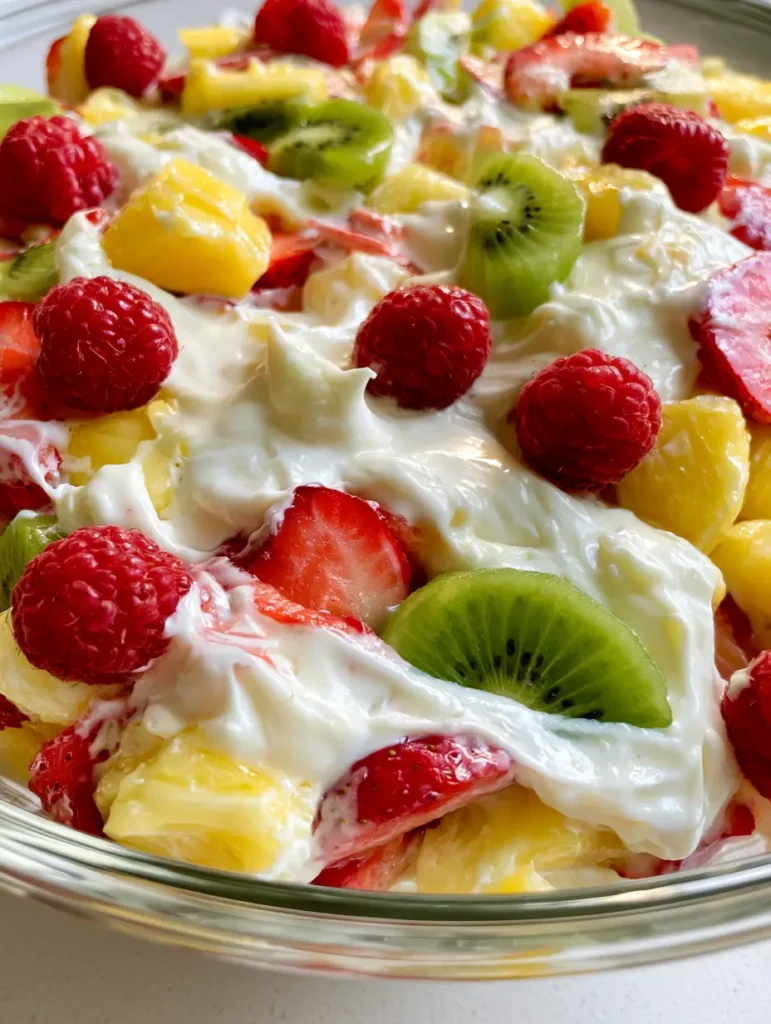 Hawaiian Cheesecake Obstsalat: Das cremigste Dessert-Rezept 2 Nahaufnahme von Hawaiian Cheesecake Obstsalat mit samtiger Frischkäse-Creme und frischen tropischen Früchten.