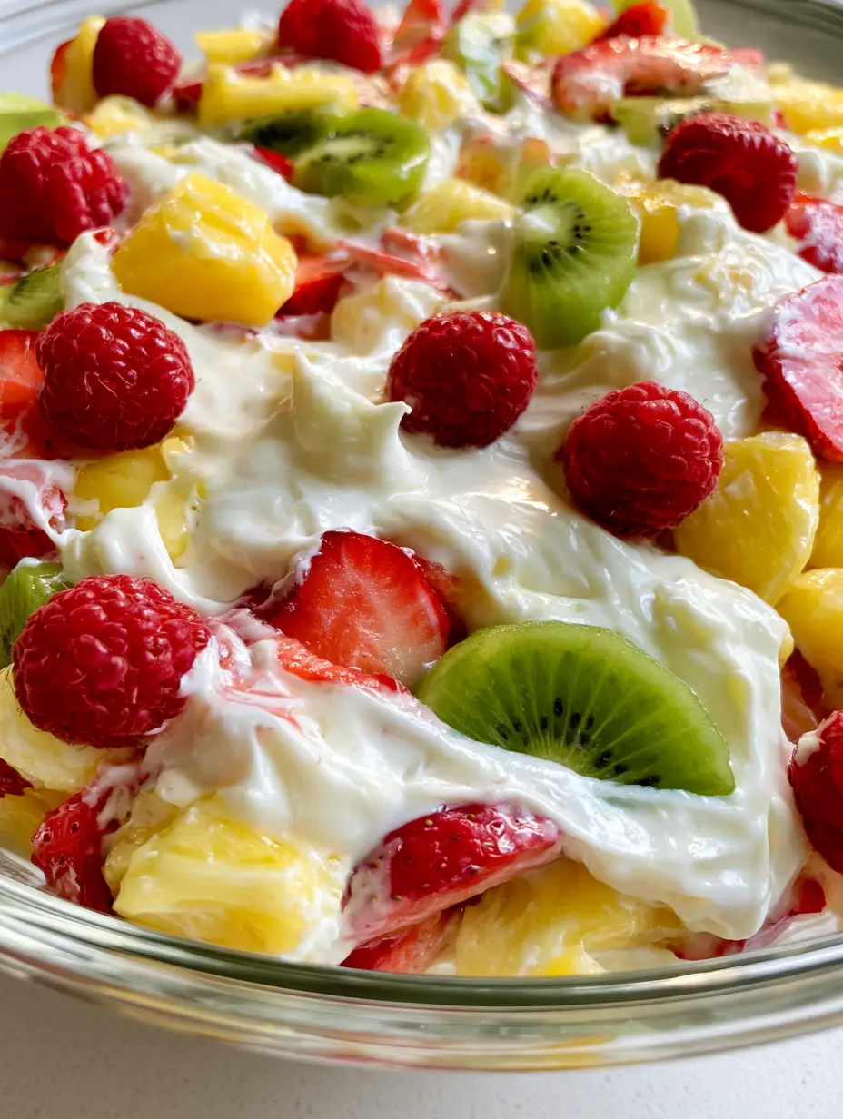 Hawaiian Cheesecake Obstsalat: Das cremigste Dessert-Rezept 4 Nahaufnahme von Hawaiian Cheesecake Obstsalat mit samtiger Frischkäse-Creme und frischen tropischen Früchten.