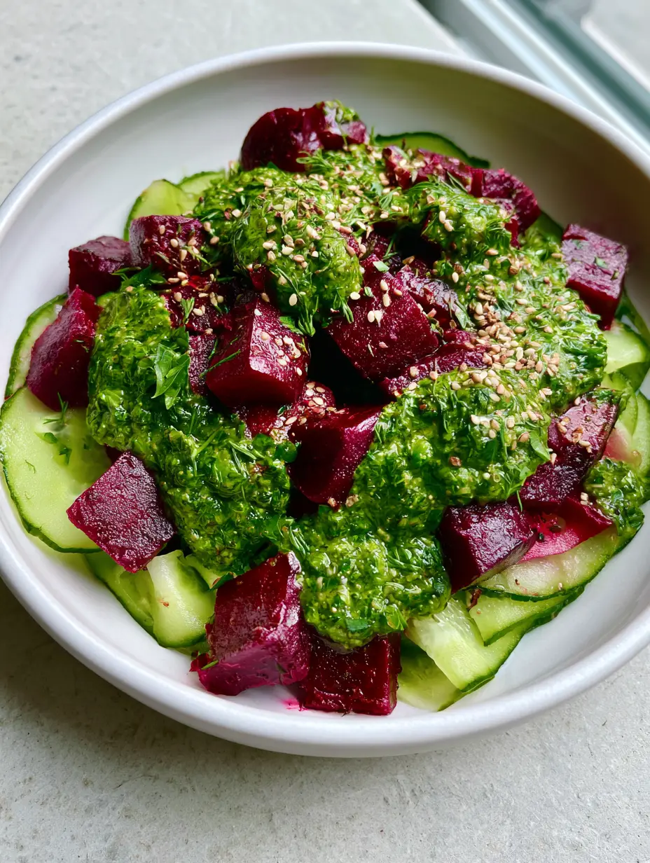 Rote Bete Gurken Salat mit gerösteten Würfeln und Kräuter-Dressing 3 Nahaufnahme eines Rote Bete Gurken Salats mit leuchtend grünem Kräuterdressing und Sesamsamen.