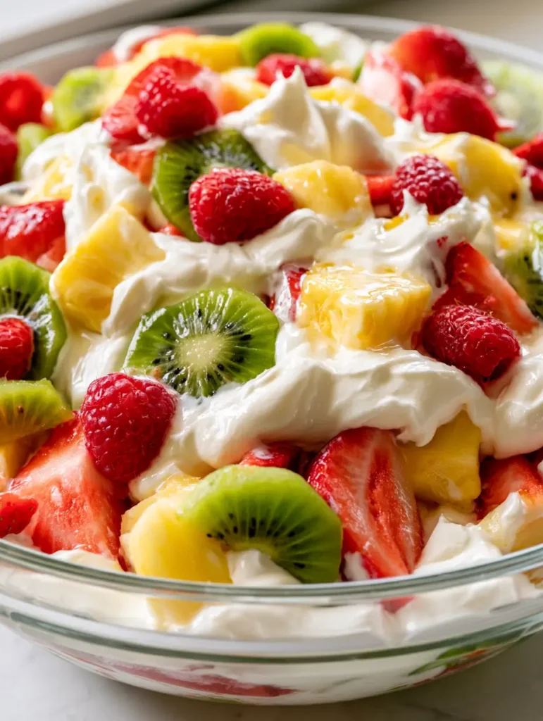Hawaiian Cheesecake Obstsalat: Das cremigste Dessert-Rezept 1 Servierfertiger Hawaiian Cheesecake Obstsalat in einer großen Schüssel auf einer hellen Küchentheke.
