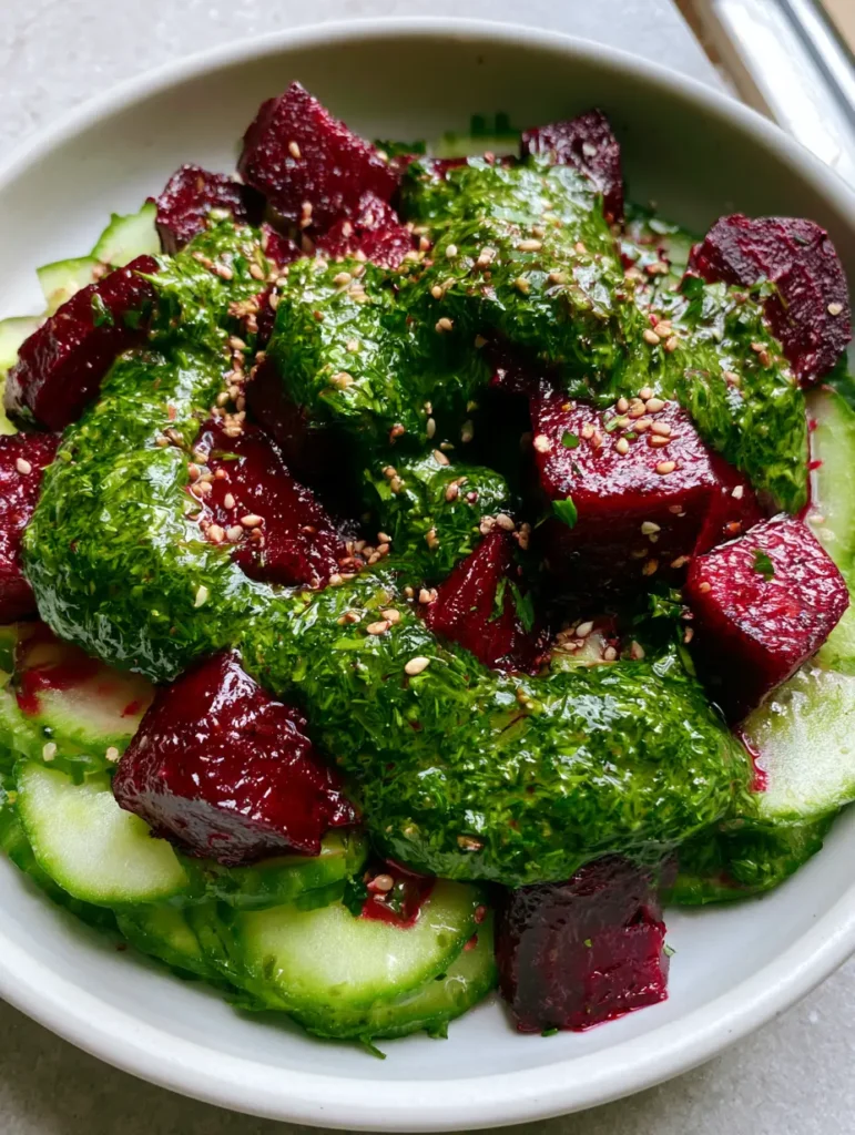 Rote Bete Gurken Salat mit gerösteten Würfeln und Kräuter-Dressing 1 Rote Bete Gurken Salat serviert in einer flachen weißen Keramikschüssel auf grauem Steinuntergrund.