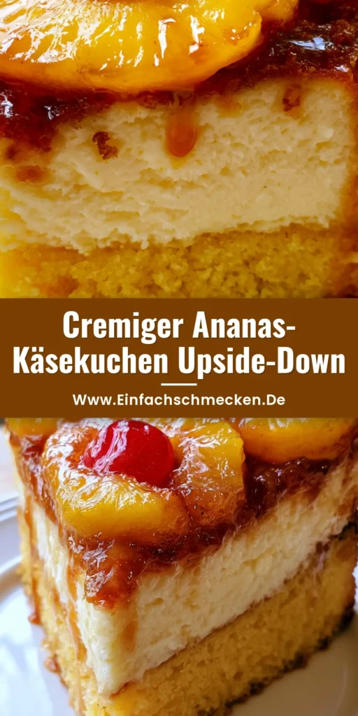 Ananas-Käsekuchen Rezept: Der ultimative Guide für den tropischen Traum 4 Ein vertikaler Anschnitt des Ananas-Käsekuchens mit karamellisierten Ringen, weißer Käsekuchenschicht und gelbem Boden auf einem weißen Teller. (Ananas-Käsekuchen Rezept)