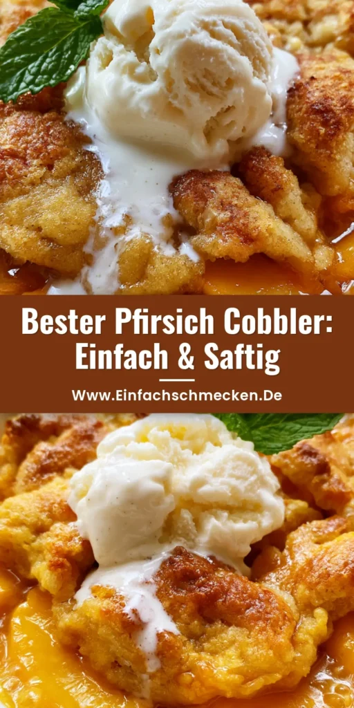 Pfirsich Cobbler Rezept: Die ultimative Anleitung für fruchtiges Gold 4 Ein warmer Pfirsich Cobbler in einer weißen Form mit schmelzendem Vanilleeis und Minze. (Pfirsich Cobbler Rezept)