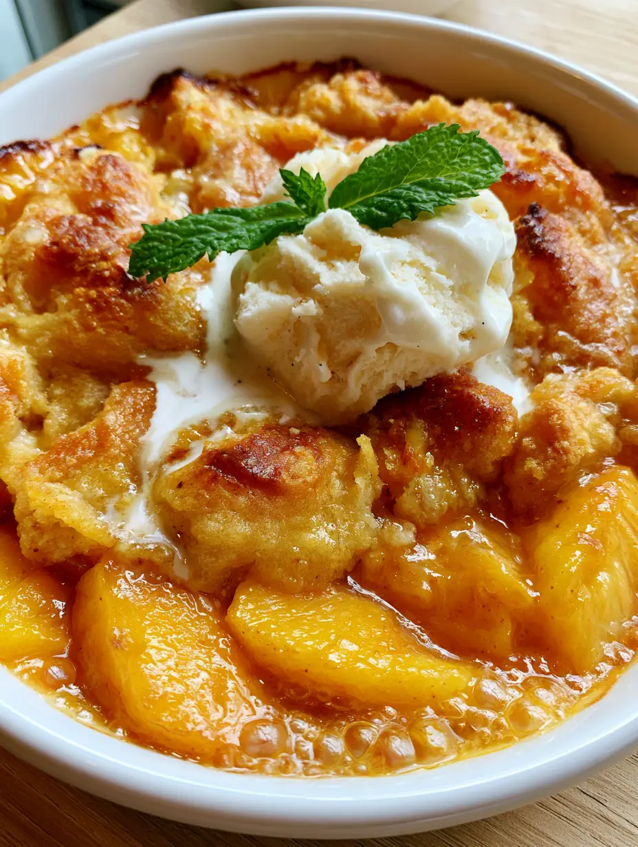 Pfirsich Cobbler Rezept: Die ultimative Anleitung für fruchtiges Gold 3 Nahaufnahme von gebackenen Pfirsichen unter einer goldbraunen Kruste. (Pfirsich Cobbler Rezept)
