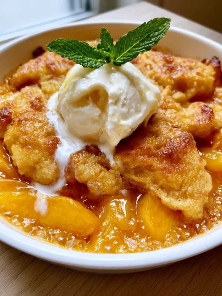 Pfirsich Cobbler Rezept: Die ultimative Anleitung für fruchtiges Gold 1 Pfirsich Cobbler serviert mit einer Kugel schmelzendem Vanilleeis.