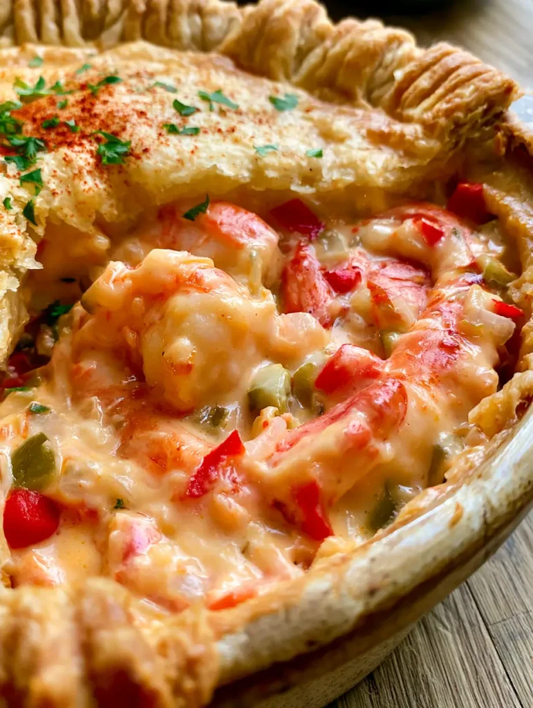 Herzhafte Garnelen-Pie frisch aus dem Ofen auf einem hölzernen Tisch mit natürlichem Licht.
