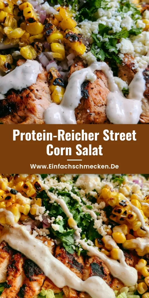 High Protein Hähnchen Salat: Der ultimative Mexican Street Corn Style 4 Nahaufnahme von High Protein Hähnchen Salat in einer weißen Schüssel mit geröstetem Mais, Cotija und Limetten-Dressing.