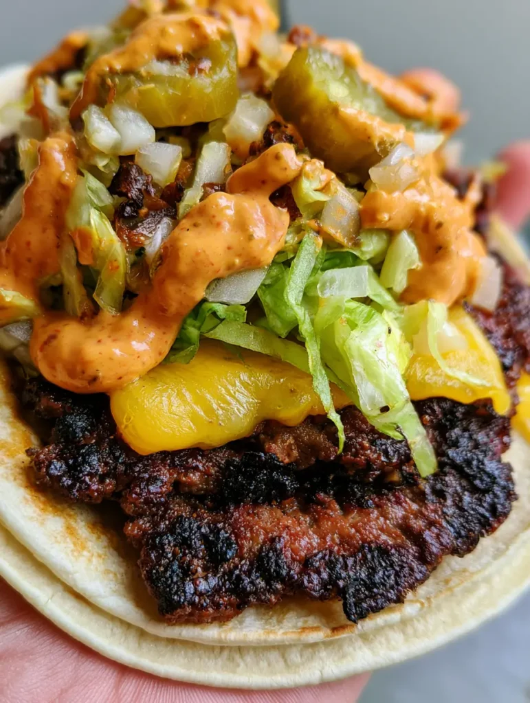 Smash Burger Tacos: Das ultimative Rezept für knuspriges Trend-Food 2 Nahaufnahme eines Smash Burger Tacos mit knusprigen Rändern und Cheddar-Käse.
