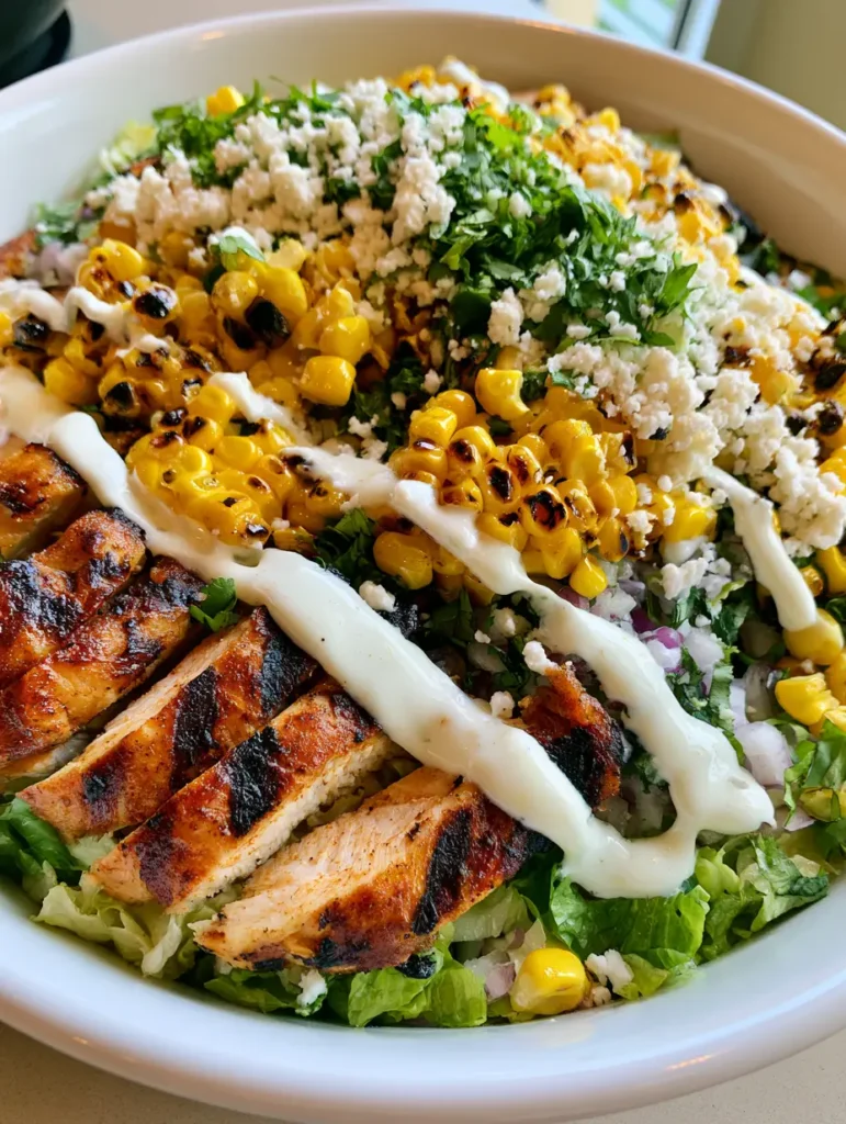 High Protein Hähnchen Salat: Der ultimative Mexican Street Corn Style 2 Draufsicht auf einen High Protein Hähnchen Salat mit saftigen Hähnchenstreifen und verkohltem Mais.