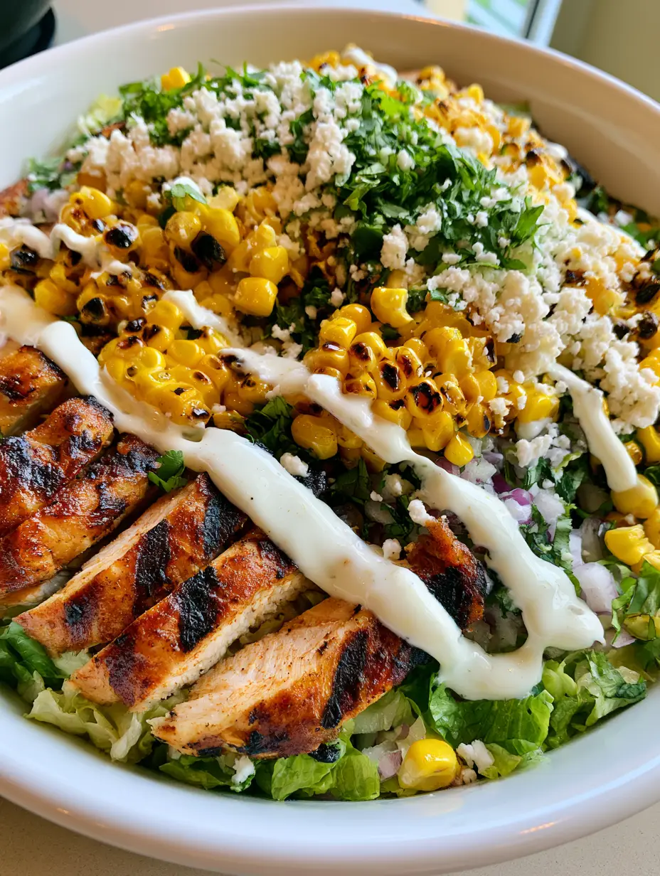 High Protein Hähnchen Salat: Der ultimative Mexican Street Corn Style 3 Draufsicht auf einen High Protein Hähnchen Salat mit saftigen Hähnchenstreifen und verkohltem Mais.
