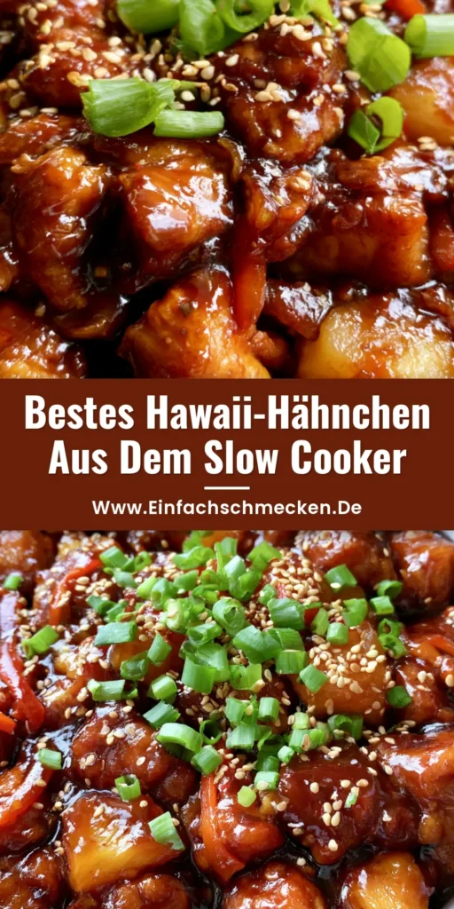 Slow Cooker Hähnchen Rezept: Saftiges Hawaiian Chicken mit Ananas & Paprika 3 Nahaufnahme von Hawaiianischem Hähnchen aus dem Schongarer mit glänzender Glasur, Ananas und Sesam. (Slow Cooker Hähnchen Rezept)