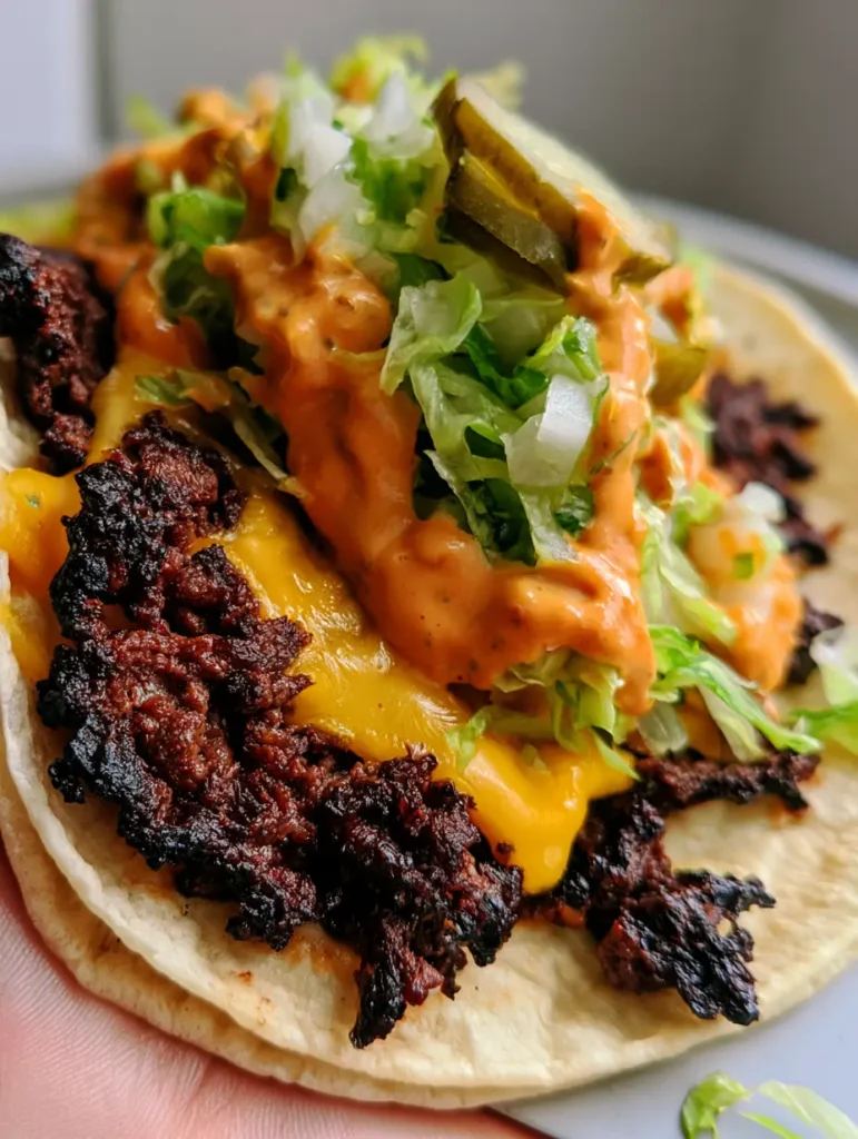 Smash Burger Tacos: Das ultimative Rezept für knuspriges Trend-Food 1 Servierfertiger Smash Burger Taco mit Eisbergsalat, Zwiebeln und Sauce.