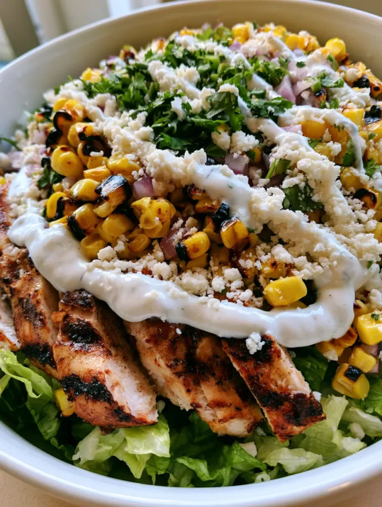 High Protein Hähnchen Salat: Der ultimative Mexican Street Corn Style 1 Detailaufnahme von cremigem Limetten-Dressing auf einem High Protein Hähnchen Salat.