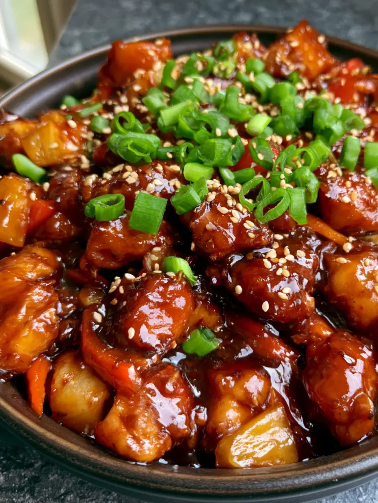 Slow Cooker Hähnchen Rezept: Saftiges Hawaiian Chicken mit Ananas & Paprika 2 Draufsicht auf zart gegartes Hähnchen in dunkler mahagonifarbener Sauce in einer schwarzen Keramikschale. (Slow Cooker Hähnchen Rezept)