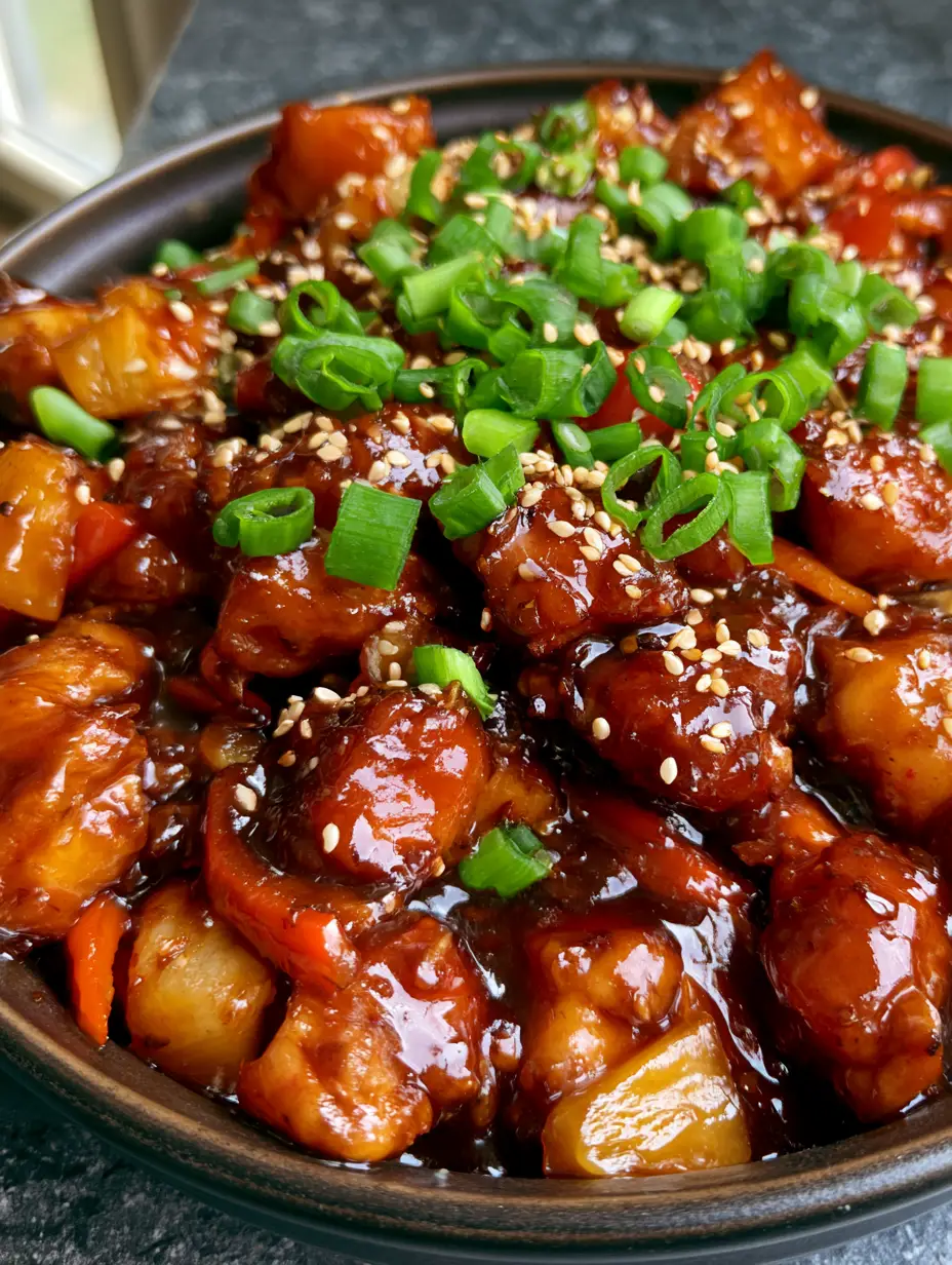Slow Cooker Hähnchen Rezept: Saftiges Hawaiian Chicken mit Ananas & Paprika 4 Draufsicht auf zart gegartes Hähnchen in dunkler mahagonifarbener Sauce in einer schwarzen Keramikschale. (Slow Cooker Hähnchen Rezept)
