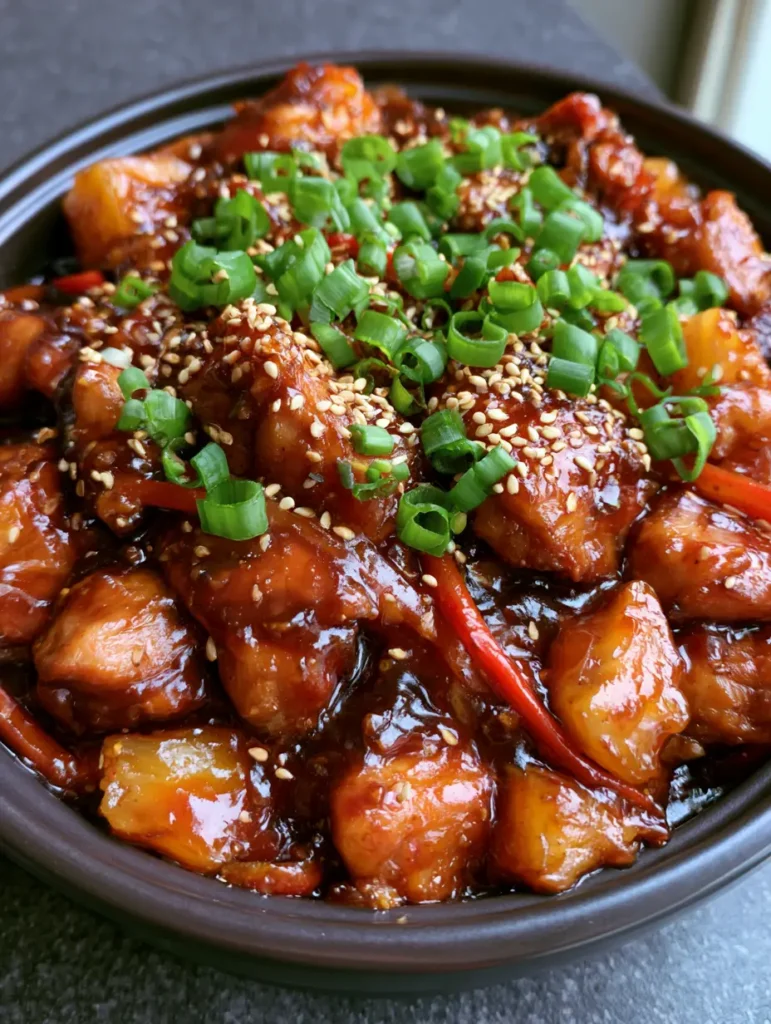 Slow Cooker Hähnchen Rezept: Saftiges Hawaiian Chicken mit Ananas & Paprika 1 Bite-sized Hähnchenstücke mit roten Paprikastreifen und viel frischem Grün als Garnitur.