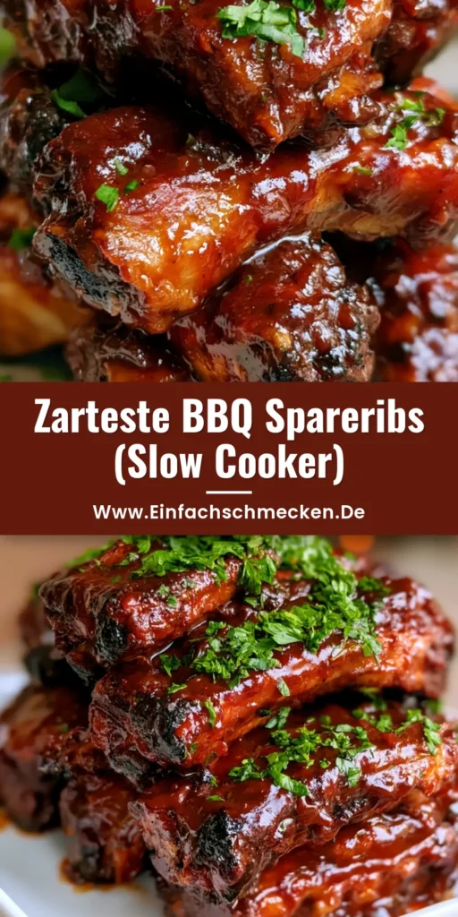 Spareribs Slow Cooker: So gelingen sie butterweich und perfekt glasert 3 Ein Stapel glasierter Spareribs Slow Cooker auf einem weißen rechteckigen Keramikteller, garniert mit frischer Petersilie.